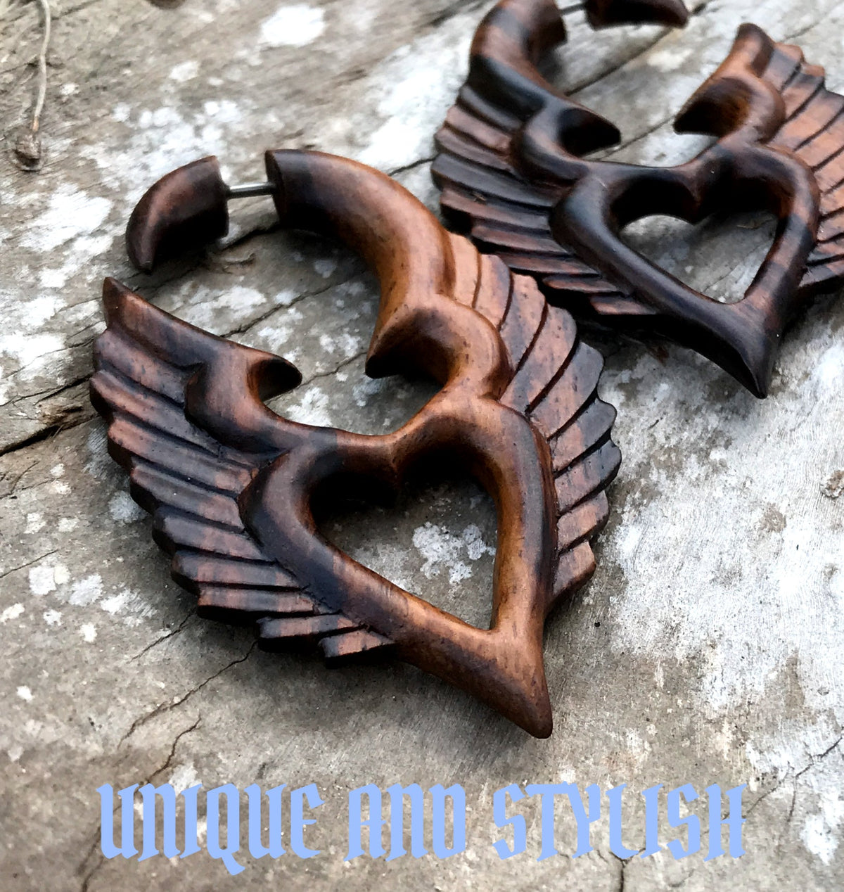 Bohemian Steampunk Angel Wing Earrings Natural Wood Gothic Tribal Statement Jewelry