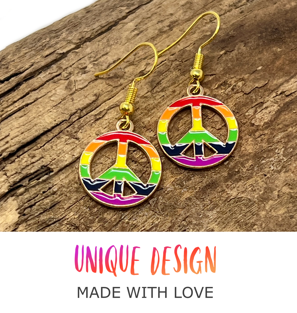 Rainbow Peace Sign Earrings Colorful Boho Hippie Symbol Dangle Festival Jewelry