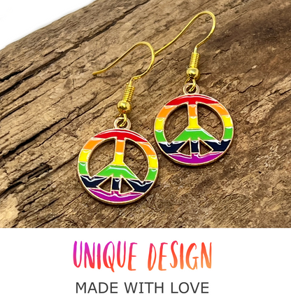 Rainbow Peace Sign Earrings Colorful Boho Hippie Symbol Dangle Festival Jewelry