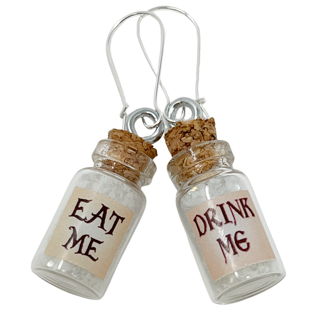 Mismatched Eat Me Drink Me Earrings Fantasy Glass Vial Jewelry
