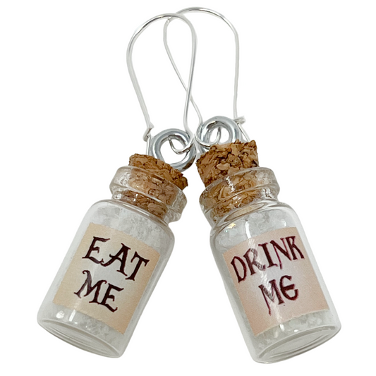 Mismatched Eat Me Drink Me Earrings Fantasy Glass Vial Jewelry