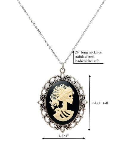 Gothic Lolita Lady Skeleton Necklace Victorian Cameo Dark Romantic Jewelry silver or bronze