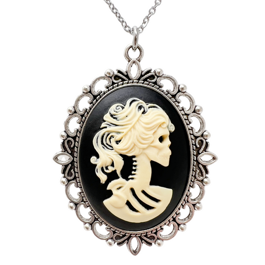 Gothic Lolita Lady Skeleton Necklace Victorian Cameo Dark Romantic Jewelry silver or bronze