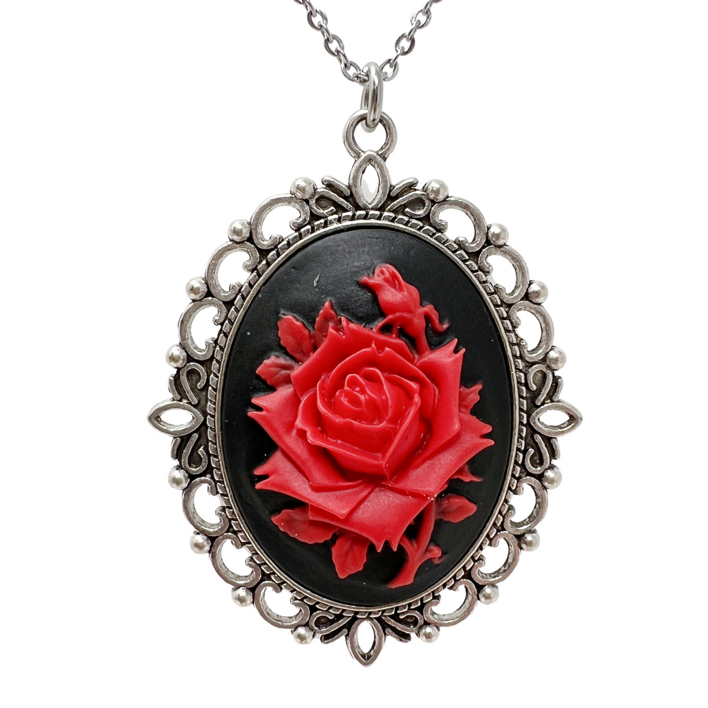 Gothic Lolita Red Rose Necklace Victorian Cameo Romantic Dark Jewelry Silver or Bronze