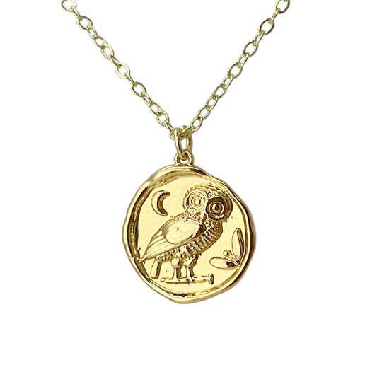 Owl Necklace Gold Athena Coin Wisdom Symbol Minimal Jewelry