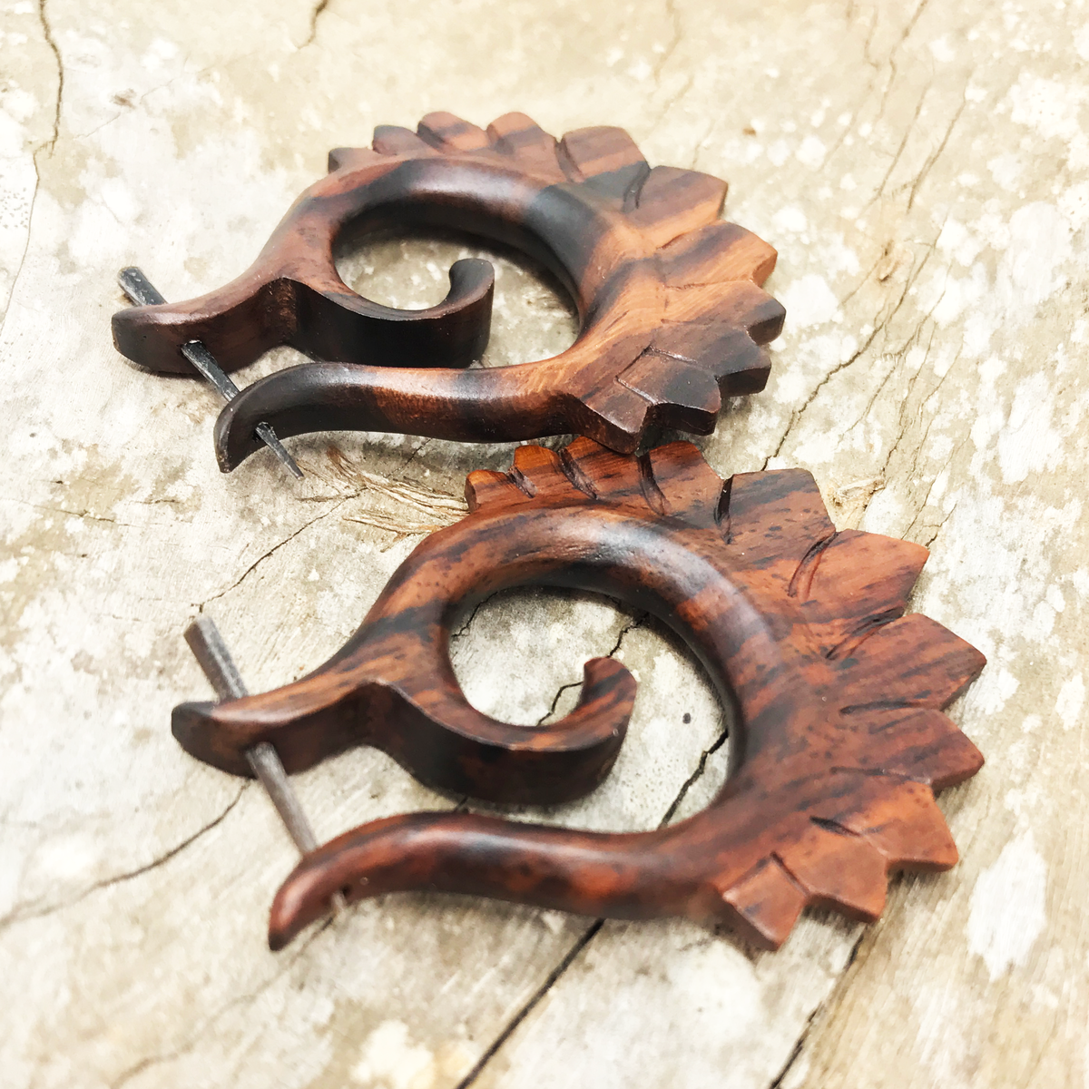 Tribal Spiral Wooden Earrings Hawaiian Boho Natural Wood Statement Jewelry