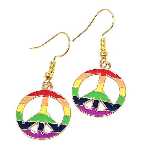 Rainbow Peace Sign Earrings Colorful Boho Hippie Symbol Dangle Festival Jewelry