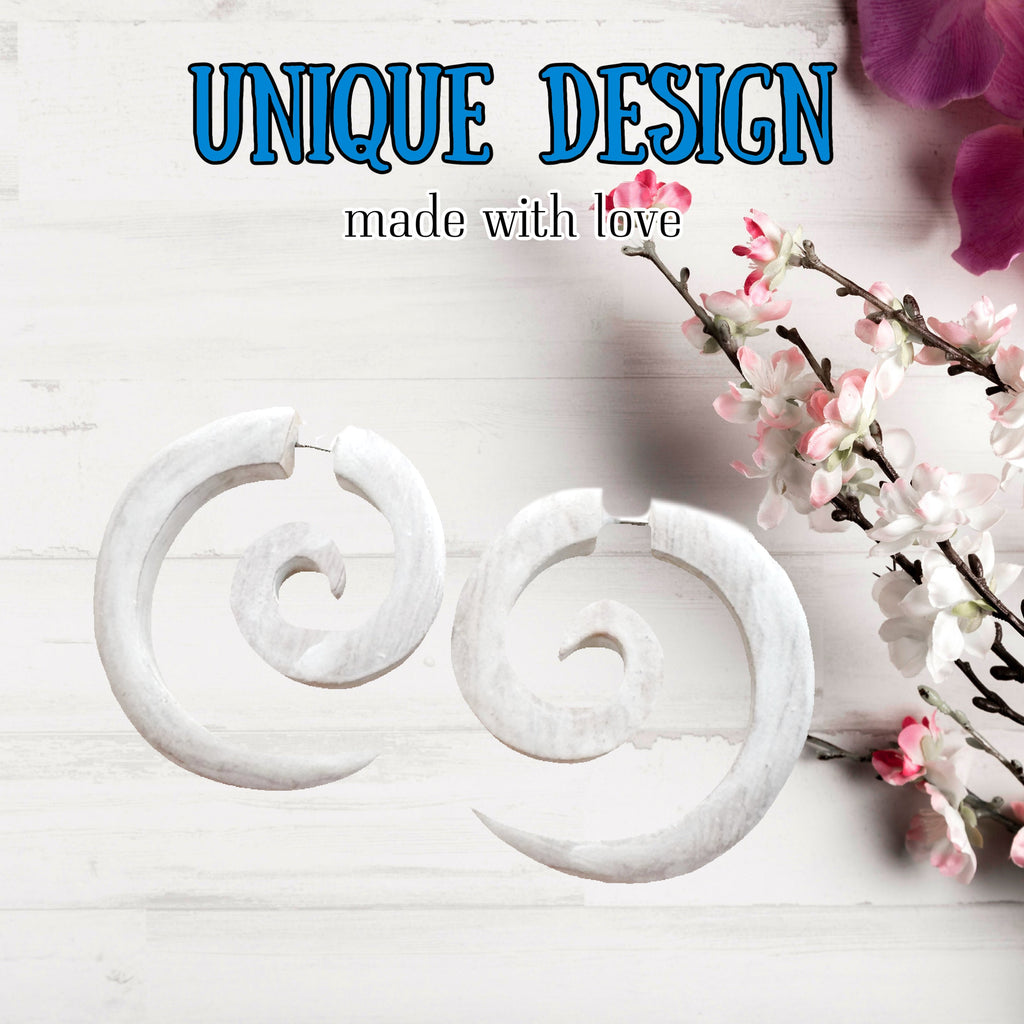 White Spiral or Hook Faux Gauge Earrings Boho Organic Wooden Post Stud Lightweight Tribal Jewelry