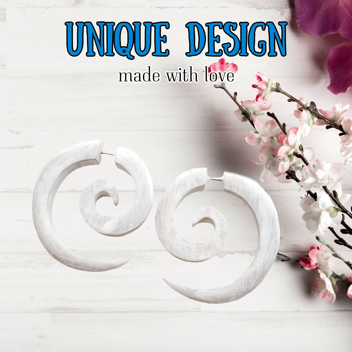 White Spiral or Hook Faux Gauge Earrings Boho Organic Wooden Post Stud Lightweight Tribal Jewelry