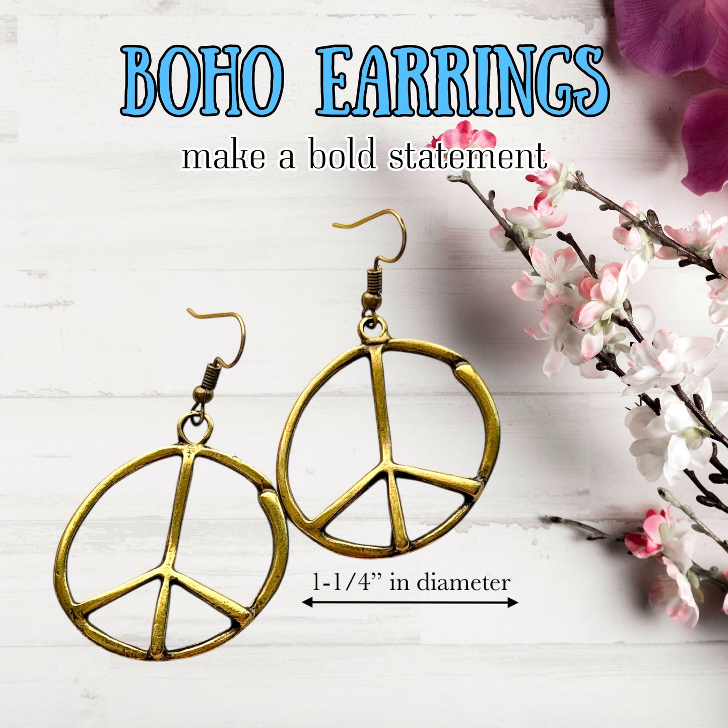 Peace Sign Earrings Boho Hippie Symbol Silver Bronze Dangle Jewelry