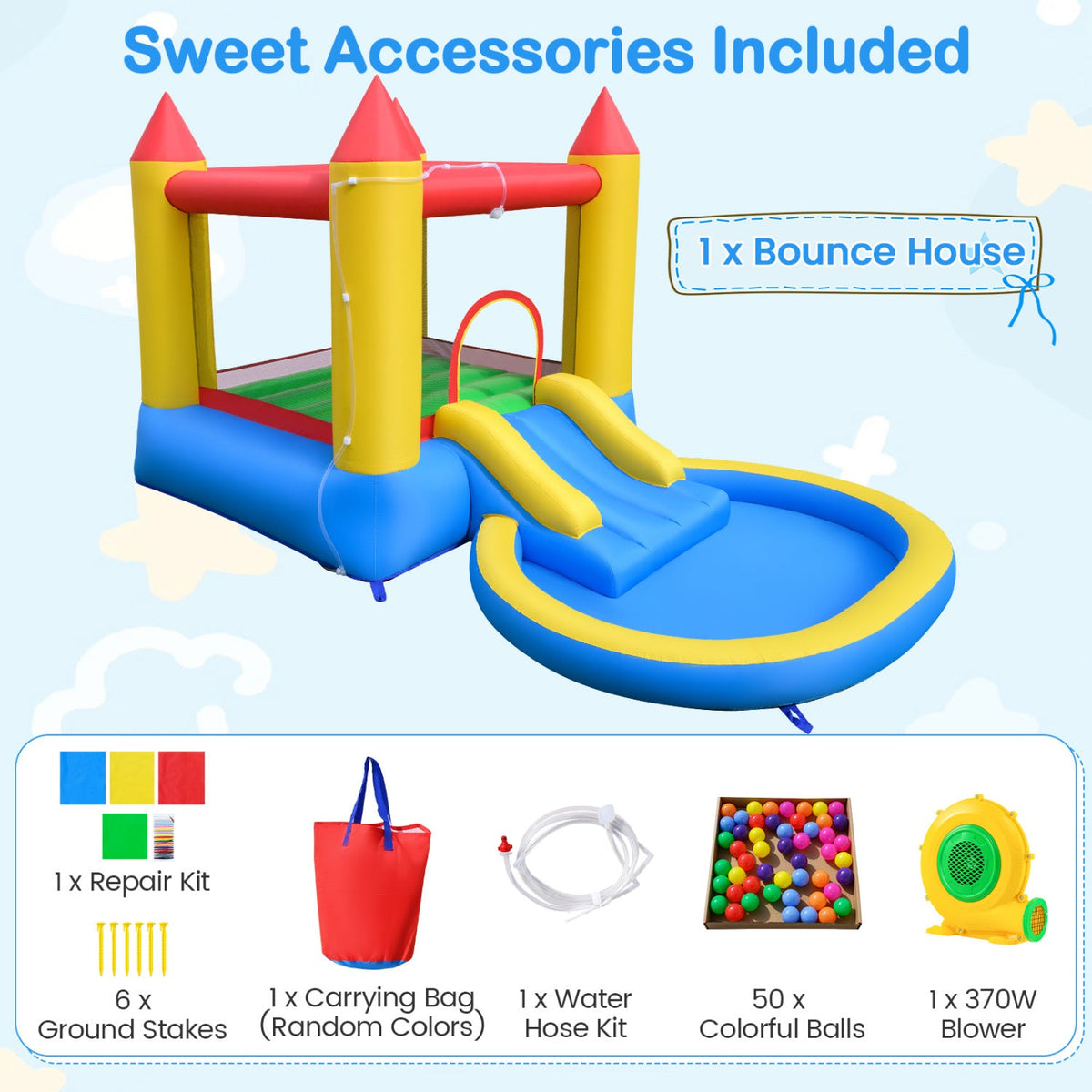 Inflatable Bounce House with Water Slide and 370W Blower