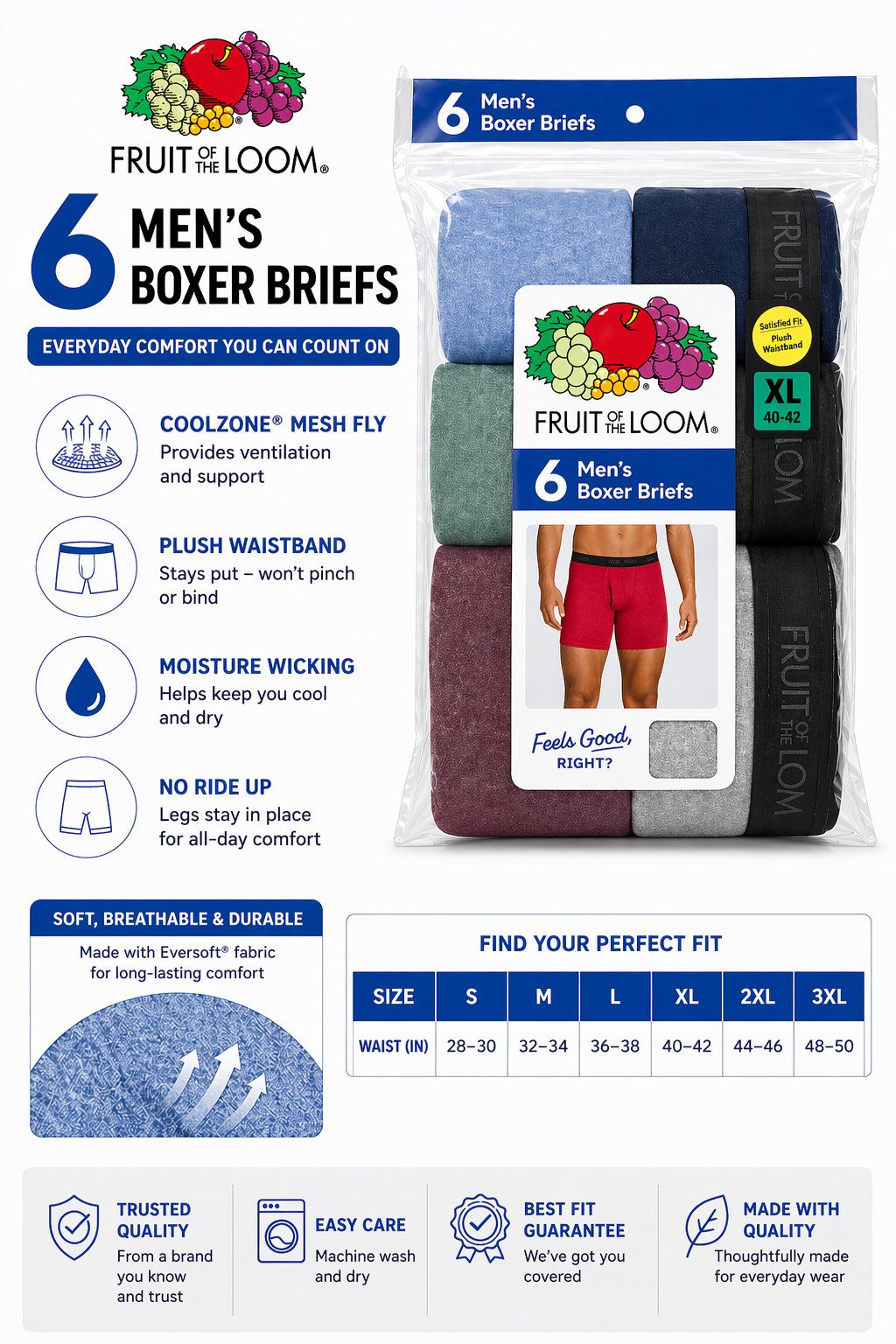 6-Pack Fruit of the Loom Boxer Briefs, Moisture Wicking Fabric, Plush Waistband, No Ride-Up Design, Soft Breathable & Durable Everyday Comfort
