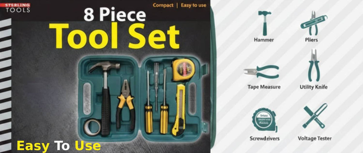 8 Piece Household Tool Set in Plastic Toolbox with Carry Handle