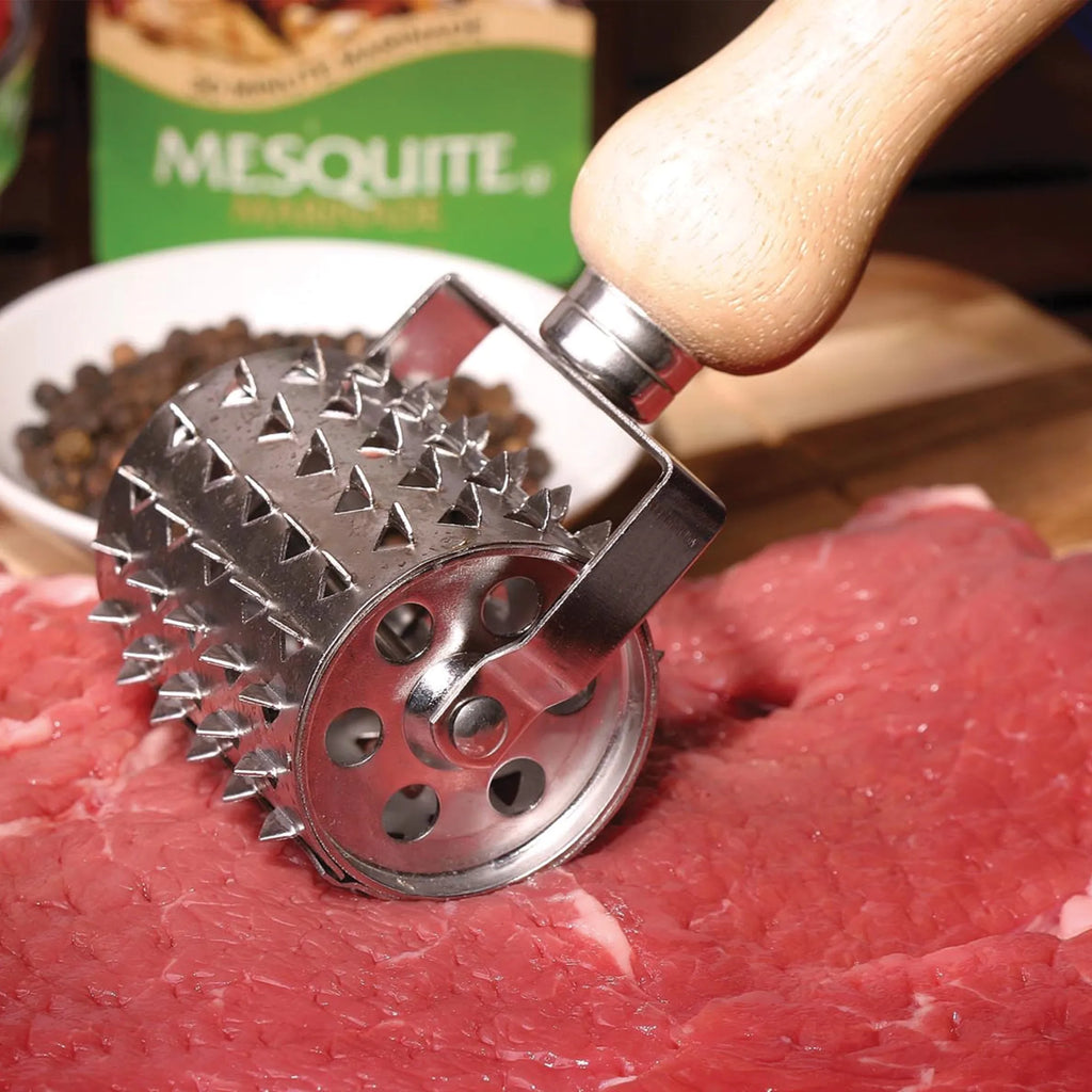 Jim Beam Stainless Steel Rolling Meat Tenderizer – Wooden Handle Blade Roller