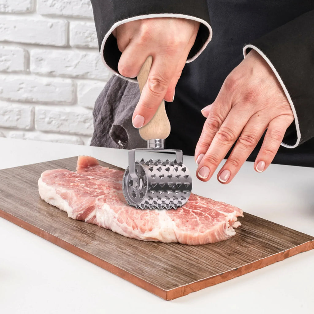 Jim Beam Stainless Steel Rolling Meat Tenderizer – Wooden Handle Blade Roller