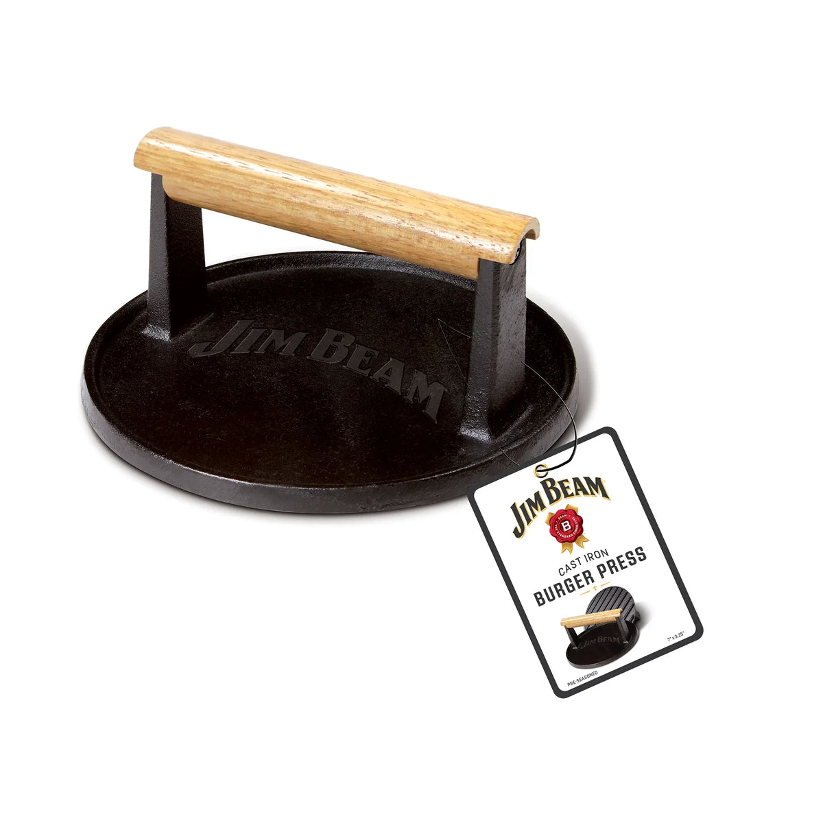 Jim Beam Cast Iron Burger Press – Heavy-Duty Smash Burger Press with Wood Handle