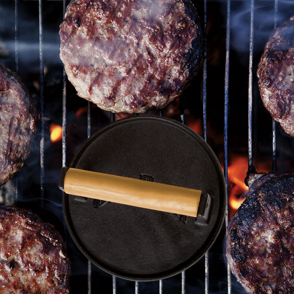 Jim Beam Cast Iron Burger Press – Heavy-Duty Smash Burger Press with Wood Handle