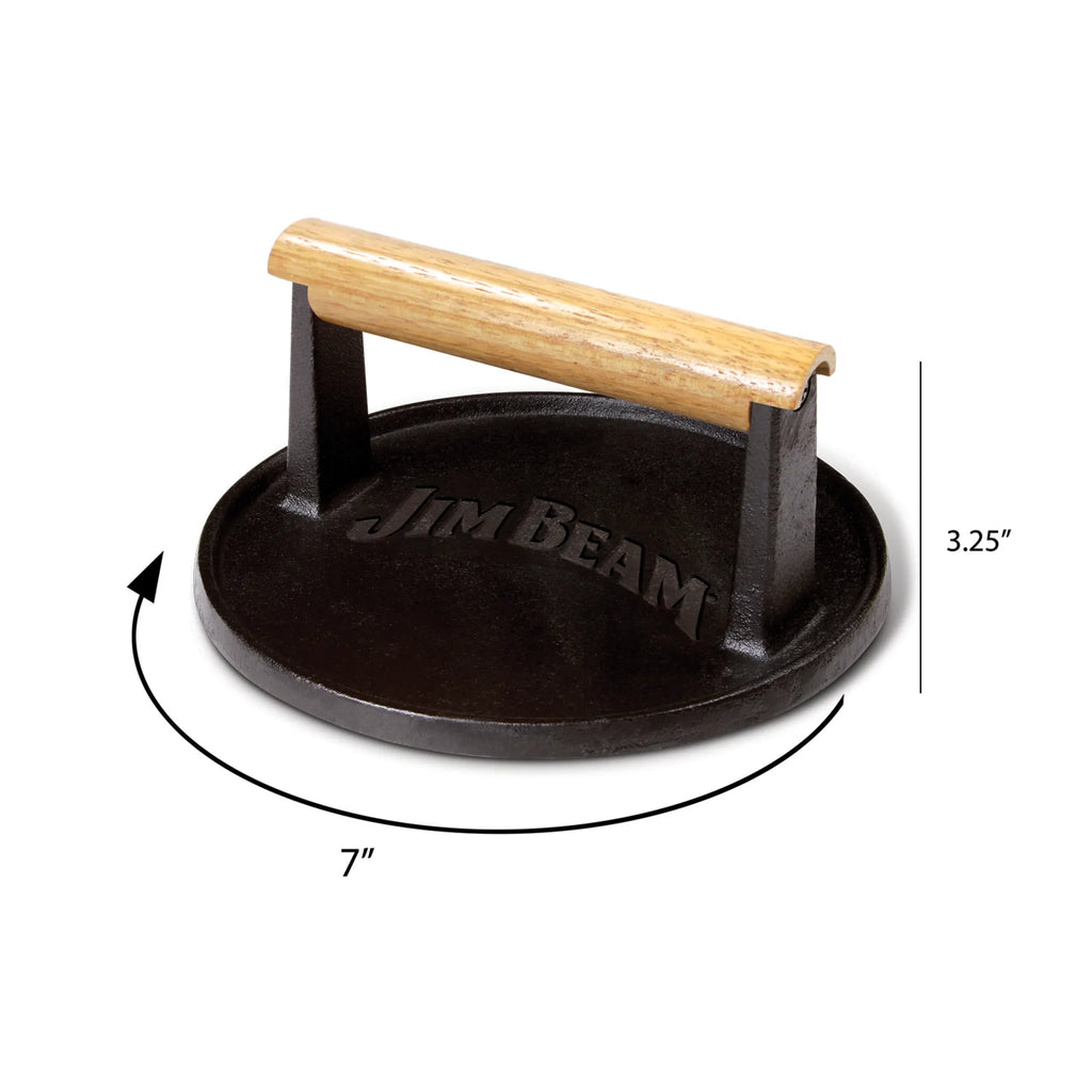 Jim Beam Cast Iron Burger Press – Heavy-Duty Smash Burger Press with Wood Handle