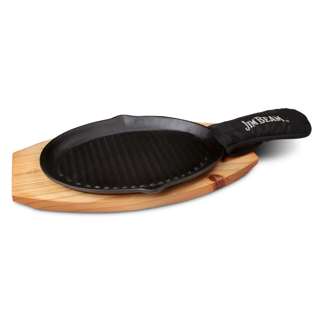 Jim Beam Cast Iron Skillet Set with Handle Mitt & Wood Trivet