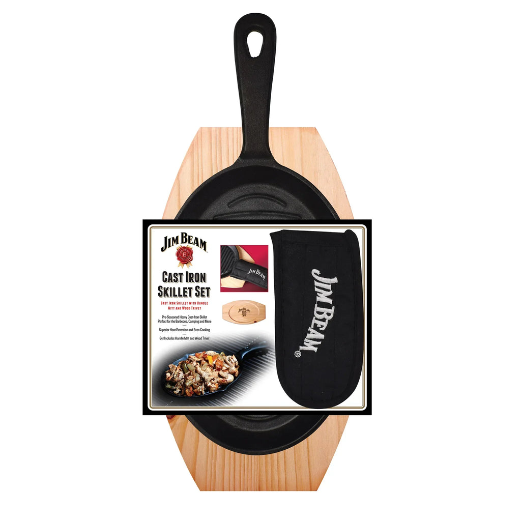 Jim Beam Cast Iron Skillet Set with Handle Mitt & Wood Trivet
