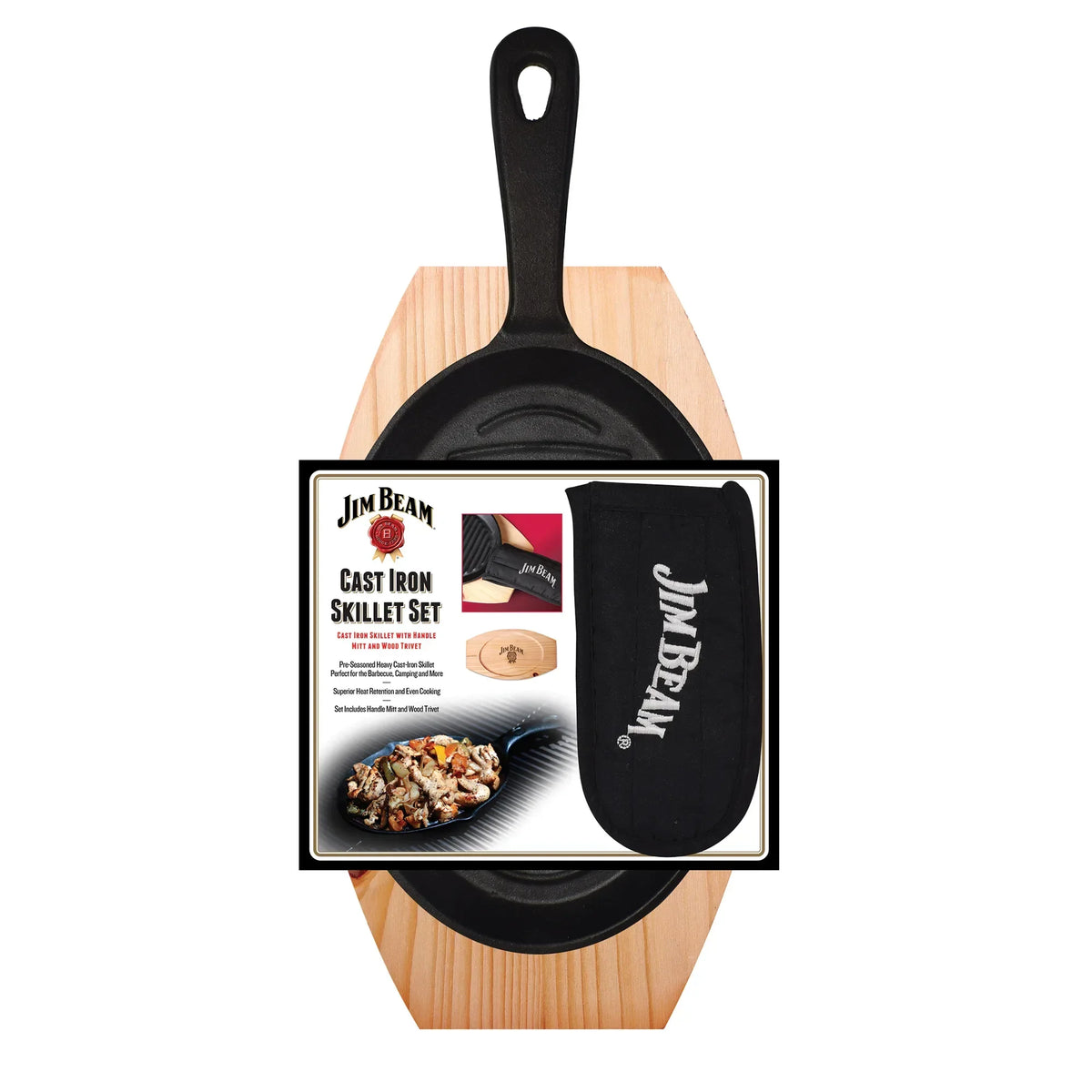 Jim Beam Cast Iron Skillet Set with Handle Mitt & Wood Trivet