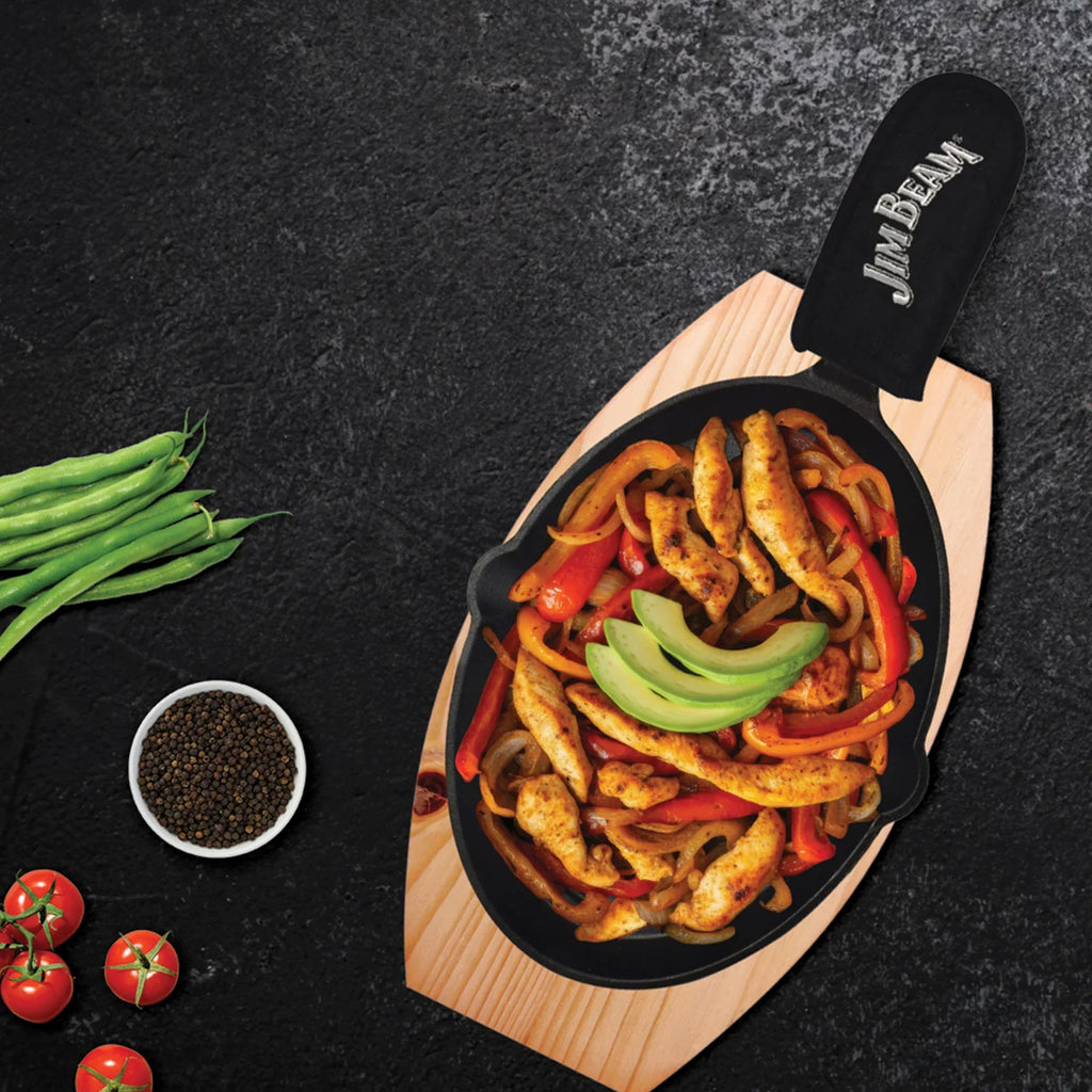 Jim Beam Cast Iron Skillet Set with Handle Mitt & Wood Trivet