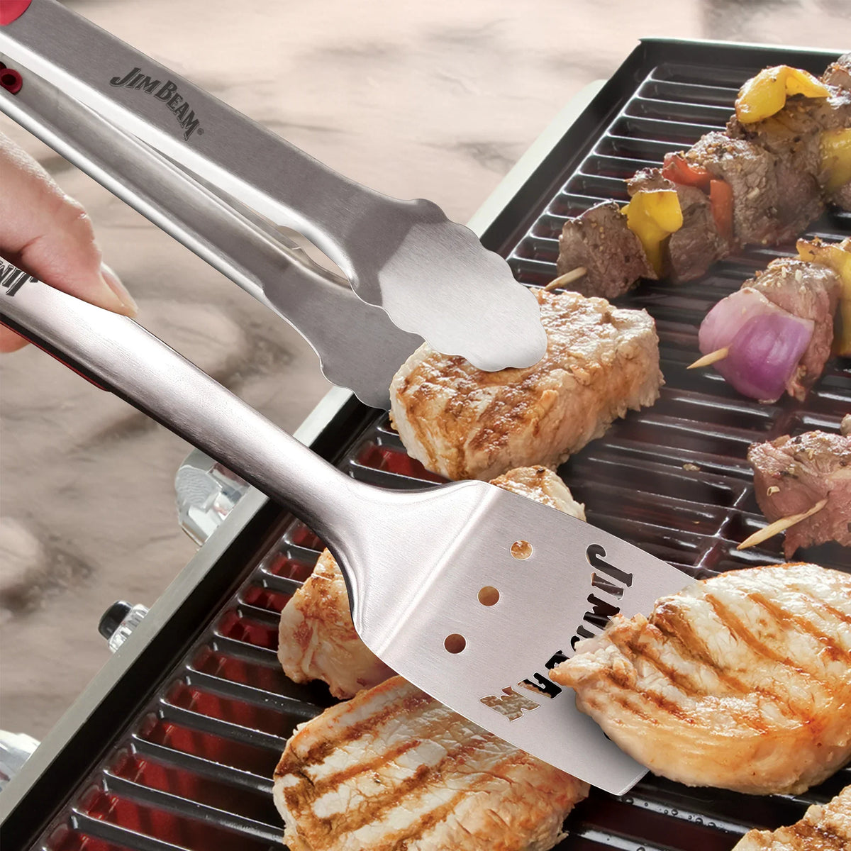 Jim Beam 3 Piece Extra-Long Grill Tool Set with Rubber Grip Handles