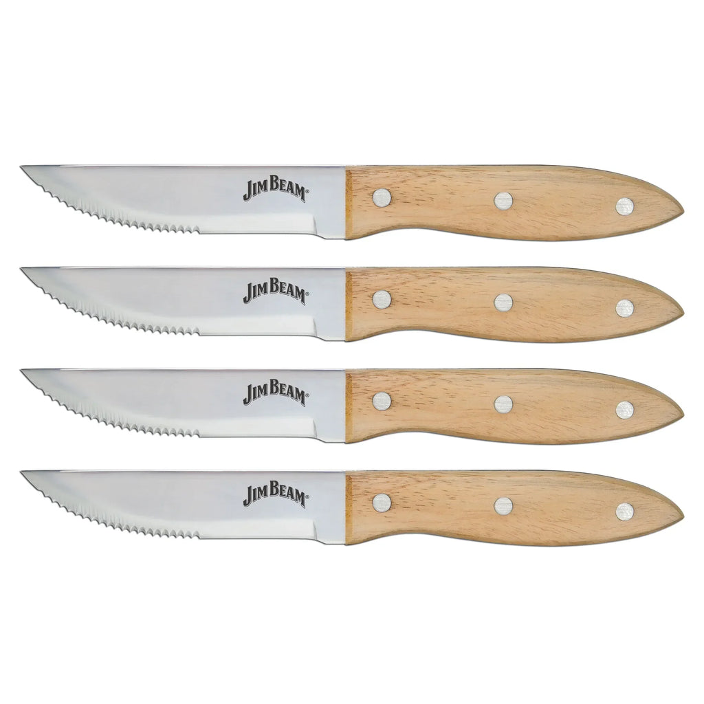 Jim Beam 4 Piece Serrated Steak Knife Set – Triple-Riveted Contour Wood Handles
