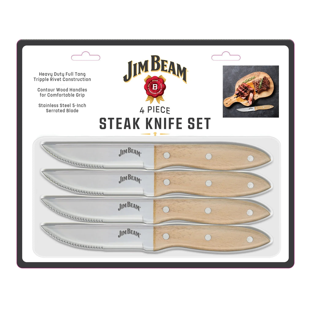 Jim Beam 4 Piece Serrated Steak Knife Set – Triple-Riveted Contour Wood Handles