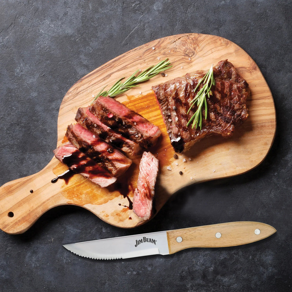 Jim Beam 4 Piece Serrated Steak Knife Set – Triple-Riveted Contour Wood Handles
