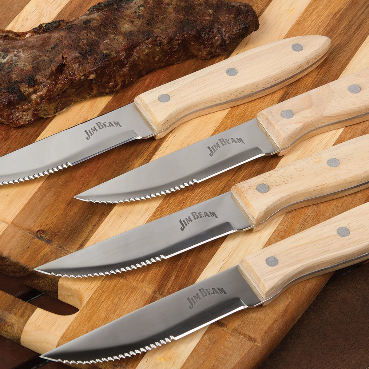 Jim Beam 4 Piece Serrated Steak Knife Set – Triple-Riveted Contour Wood Handles