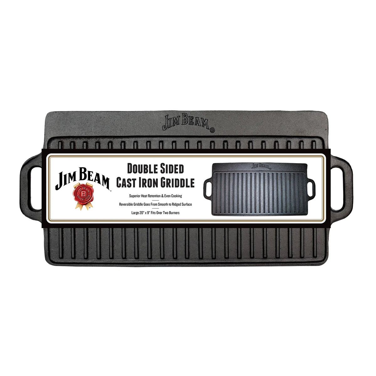 Jim Beam Cast Iron Reversible Grill & Griddle – Double-Sided Stovetop Cooking Pan