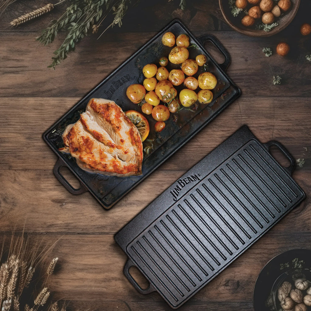 Jim Beam Cast Iron Reversible Grill & Griddle – Double-Sided Stovetop Cooking Pan