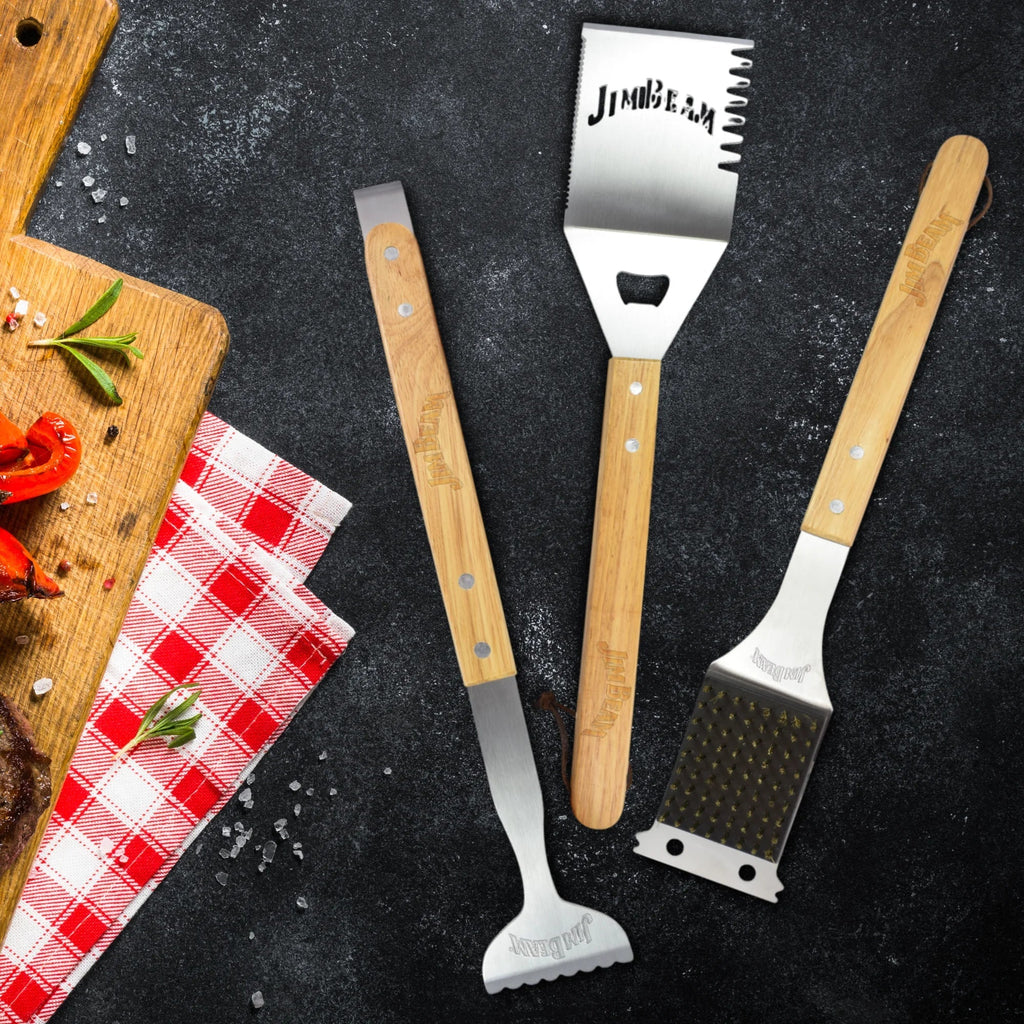Jim Beam 3 Piece BBQ Tool Set with Grill Brush & 4-in-1 Spatula