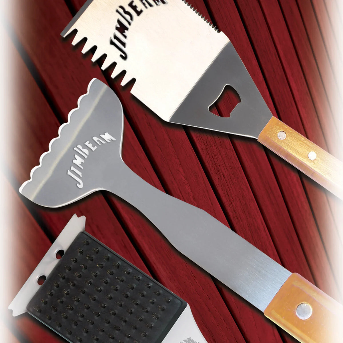 Jim Beam 3 Piece BBQ Tool Set with Grill Brush & 4-in-1 Spatula