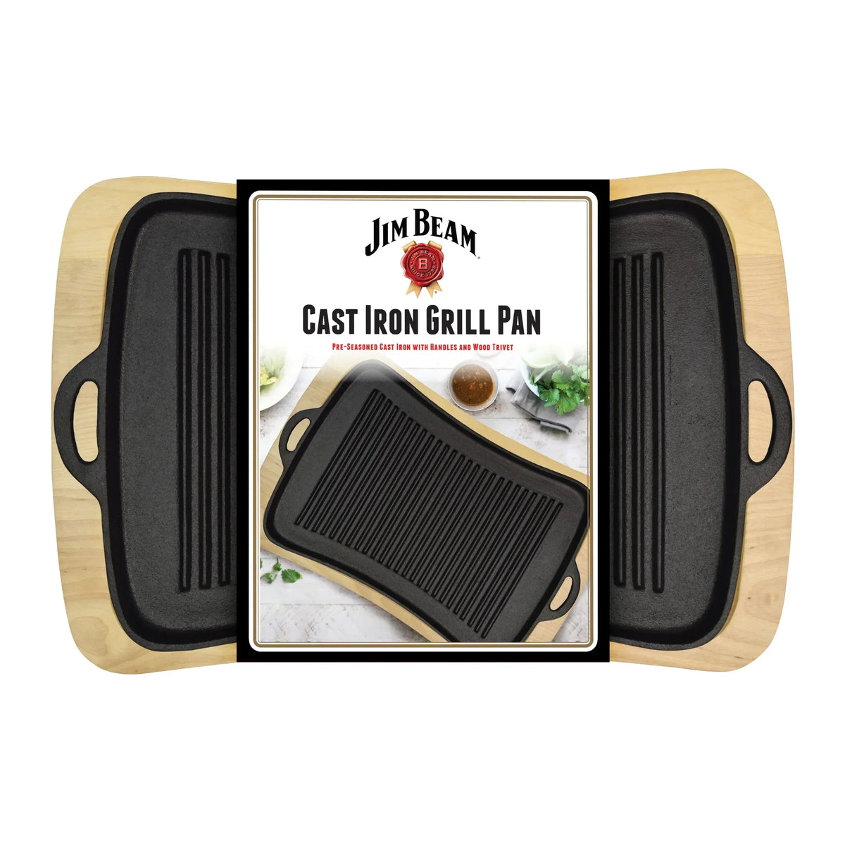 Jim Beam Cast Iron Grill Pan Set – Ridged Pan with Trivet & Silicone Grip