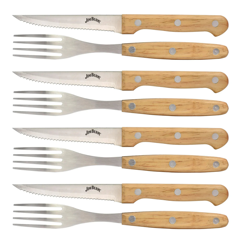 Jim Beam 8 Piece Steak Knife & Fork Set – Full Tang Serrated Blades