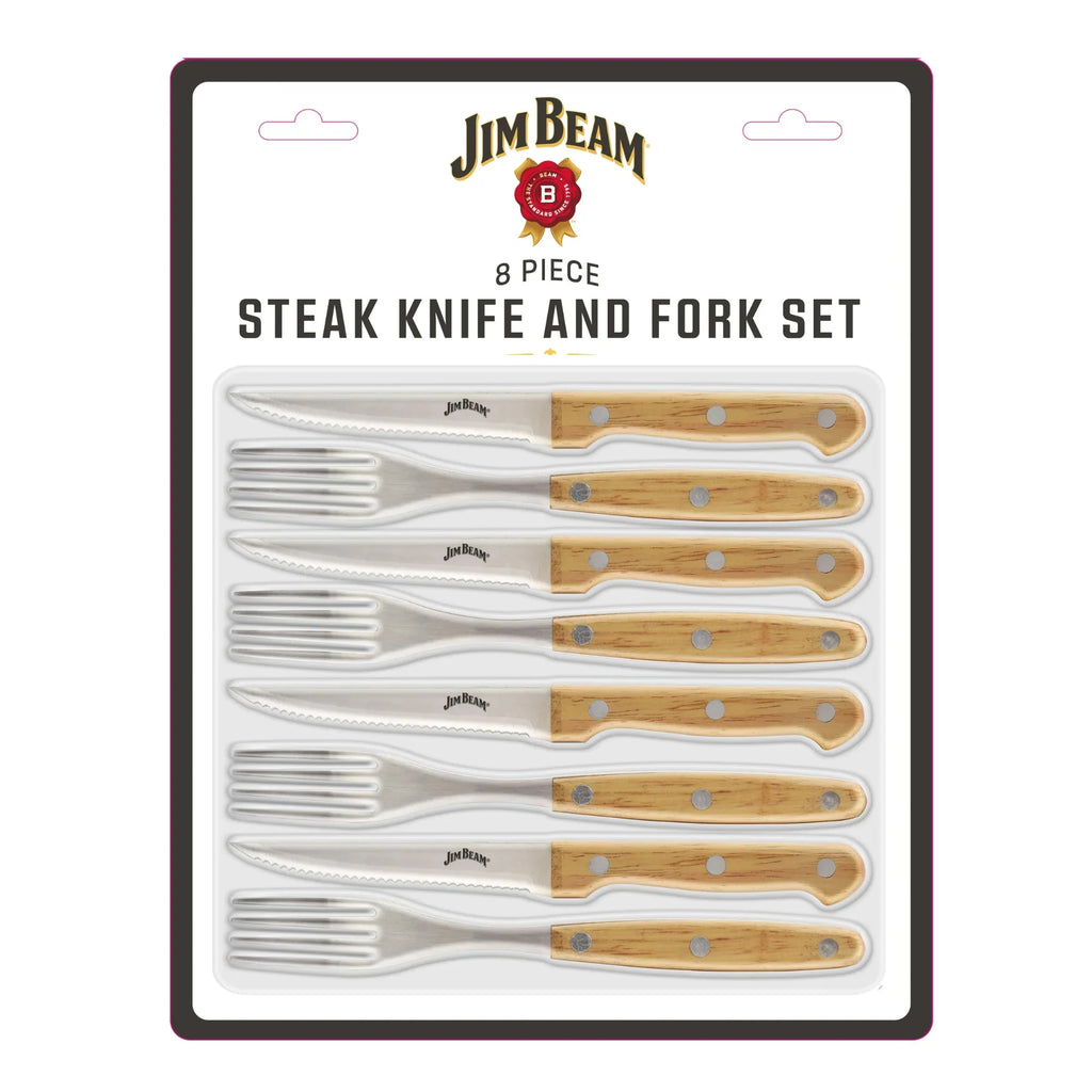 Jim Beam 8 Piece Steak Knife & Fork Set – Full Tang Serrated Blades