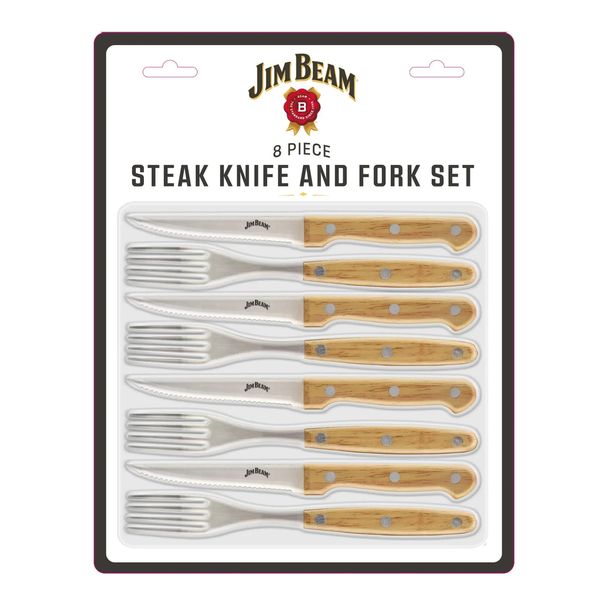Jim Beam 8 Piece Steak Knife & Fork Set – Full Tang Serrated Blades