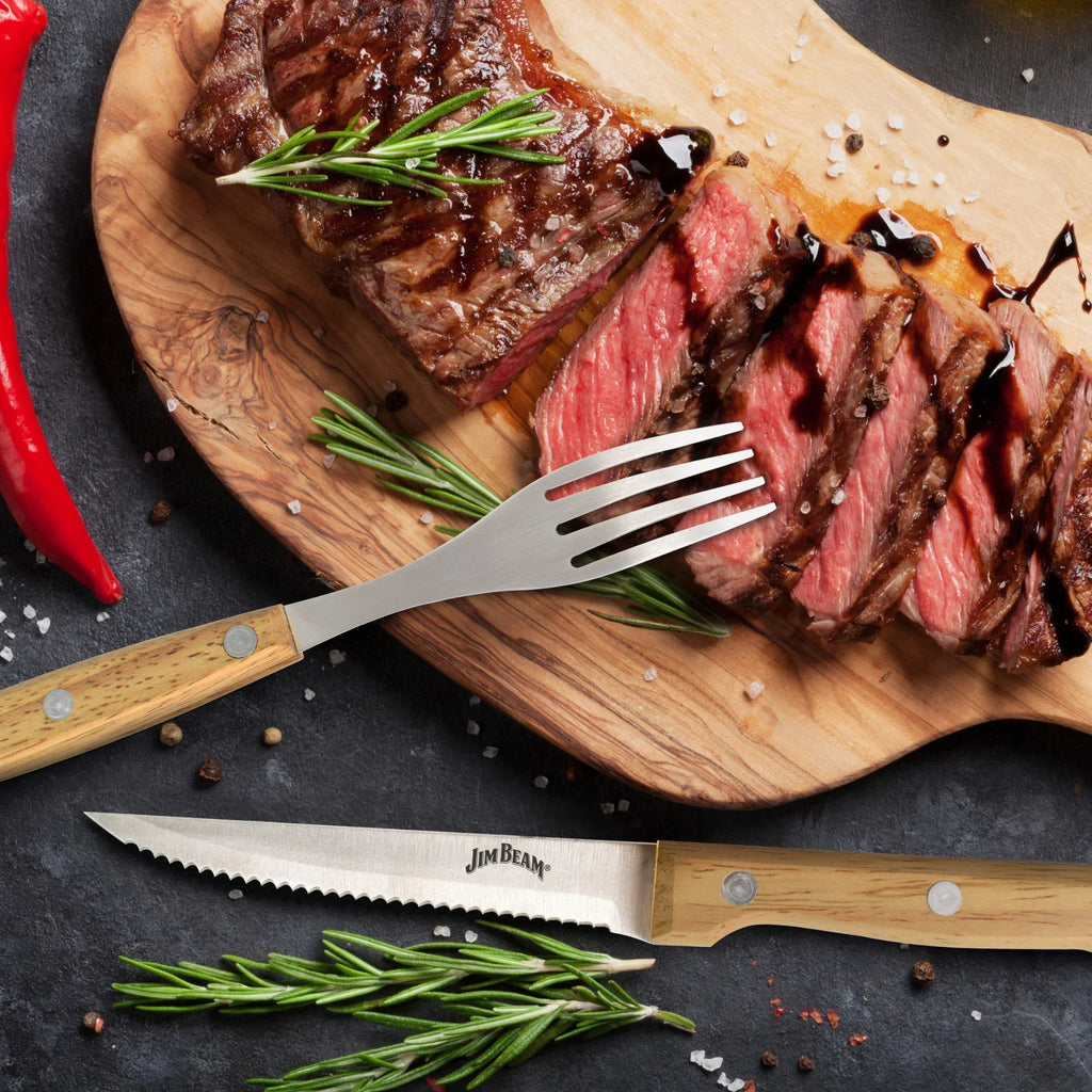 Jim Beam 8 Piece Steak Knife & Fork Set – Full Tang Serrated Blades