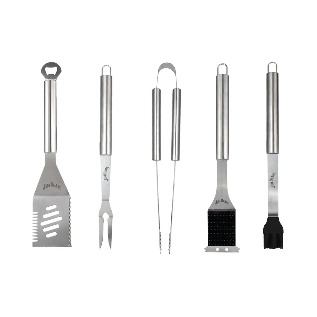 Jim Beam 5 Piece BBQ Tool Set – Heavy-Duty Stainless Steel with 4-in-1 Spatula