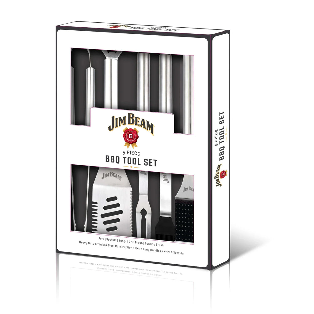 Jim Beam 5 Piece BBQ Tool Set – Heavy-Duty Stainless Steel with 4-in-1 Spatula