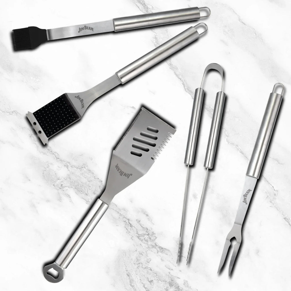 Jim Beam 5 Piece BBQ Tool Set – Heavy-Duty Stainless Steel with 4-in-1 Spatula