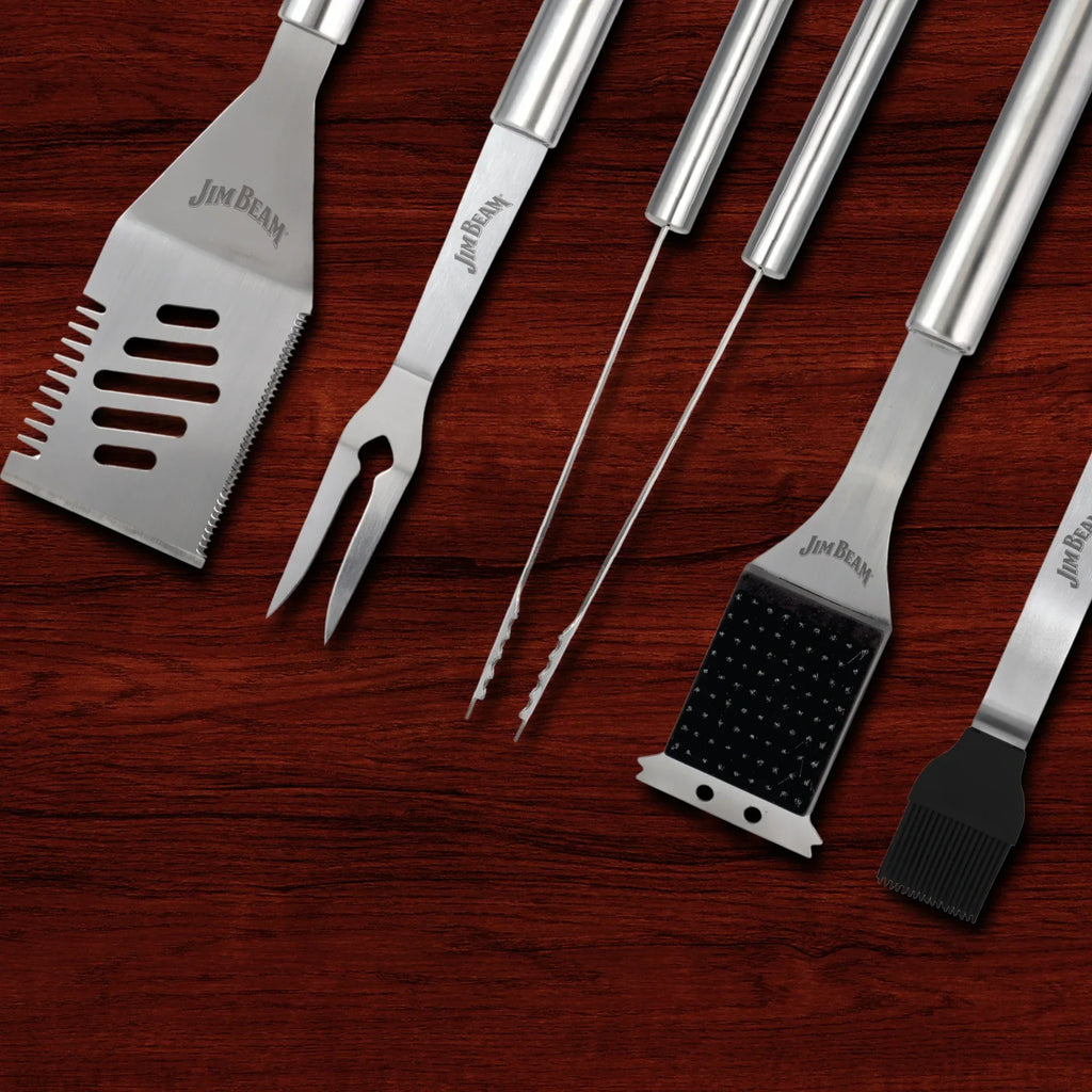 Jim Beam 5 Piece BBQ Tool Set – Heavy-Duty Stainless Steel with 4-in-1 Spatula