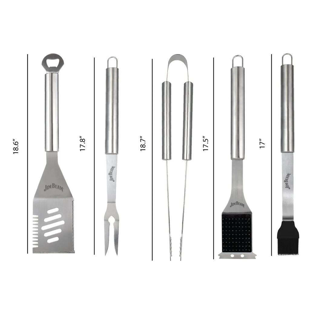 Jim Beam 5 Piece BBQ Tool Set – Heavy-Duty Stainless Steel with 4-in-1 Spatula
