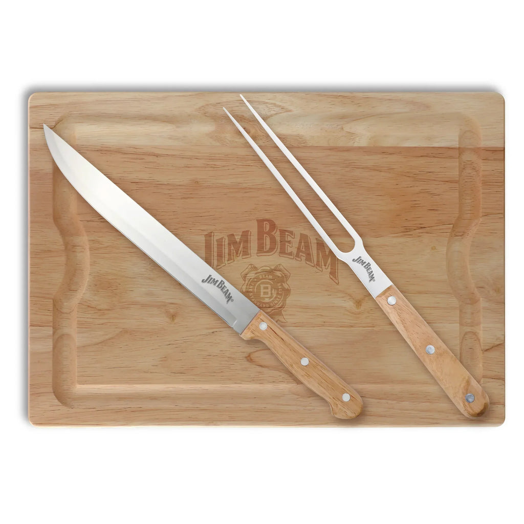 Jim Beam 3 Piece Carving Set – Knife, Fork & Wooden Drip-Groove Board