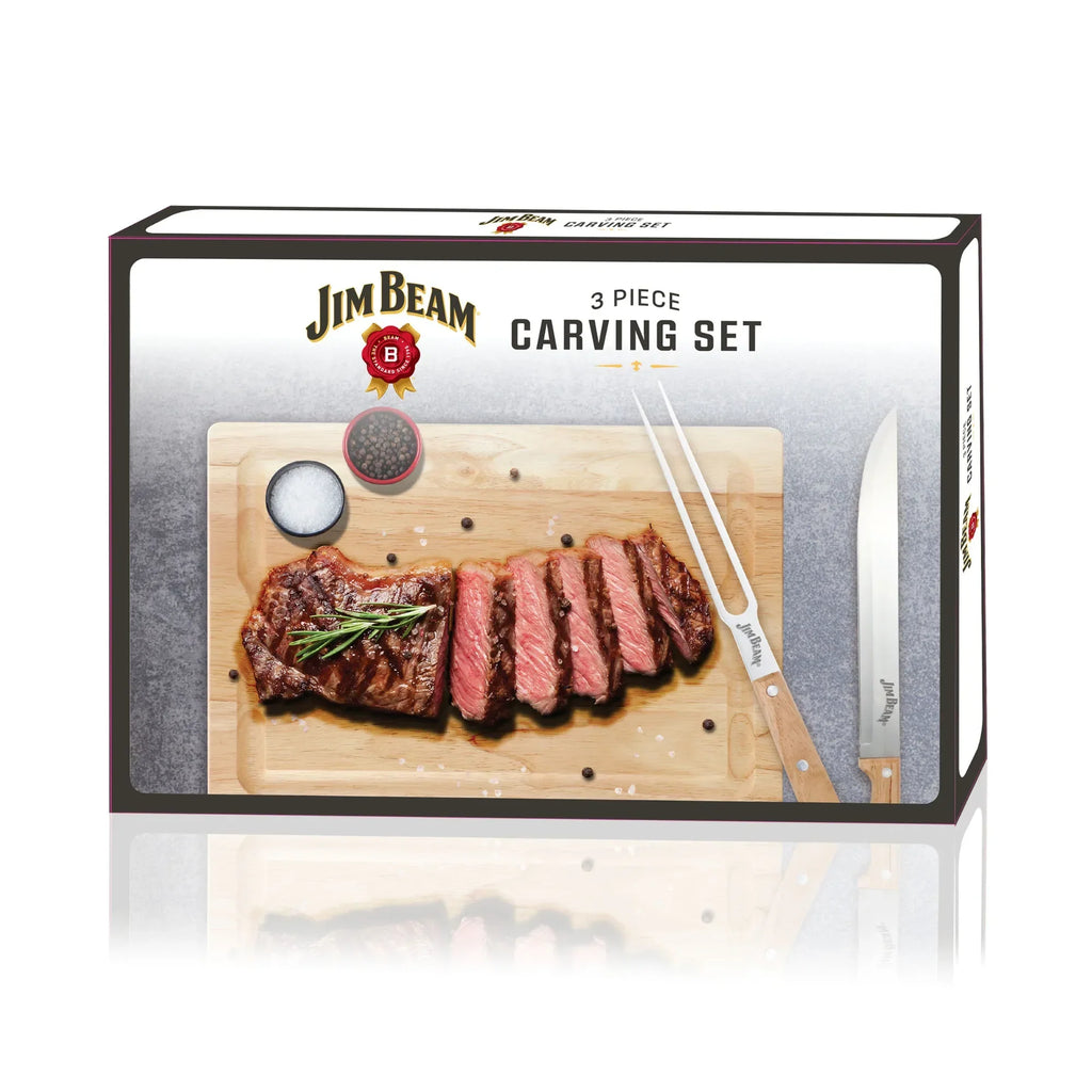 Jim Beam 3 Piece Carving Set – Knife, Fork & Wooden Drip-Groove Board
