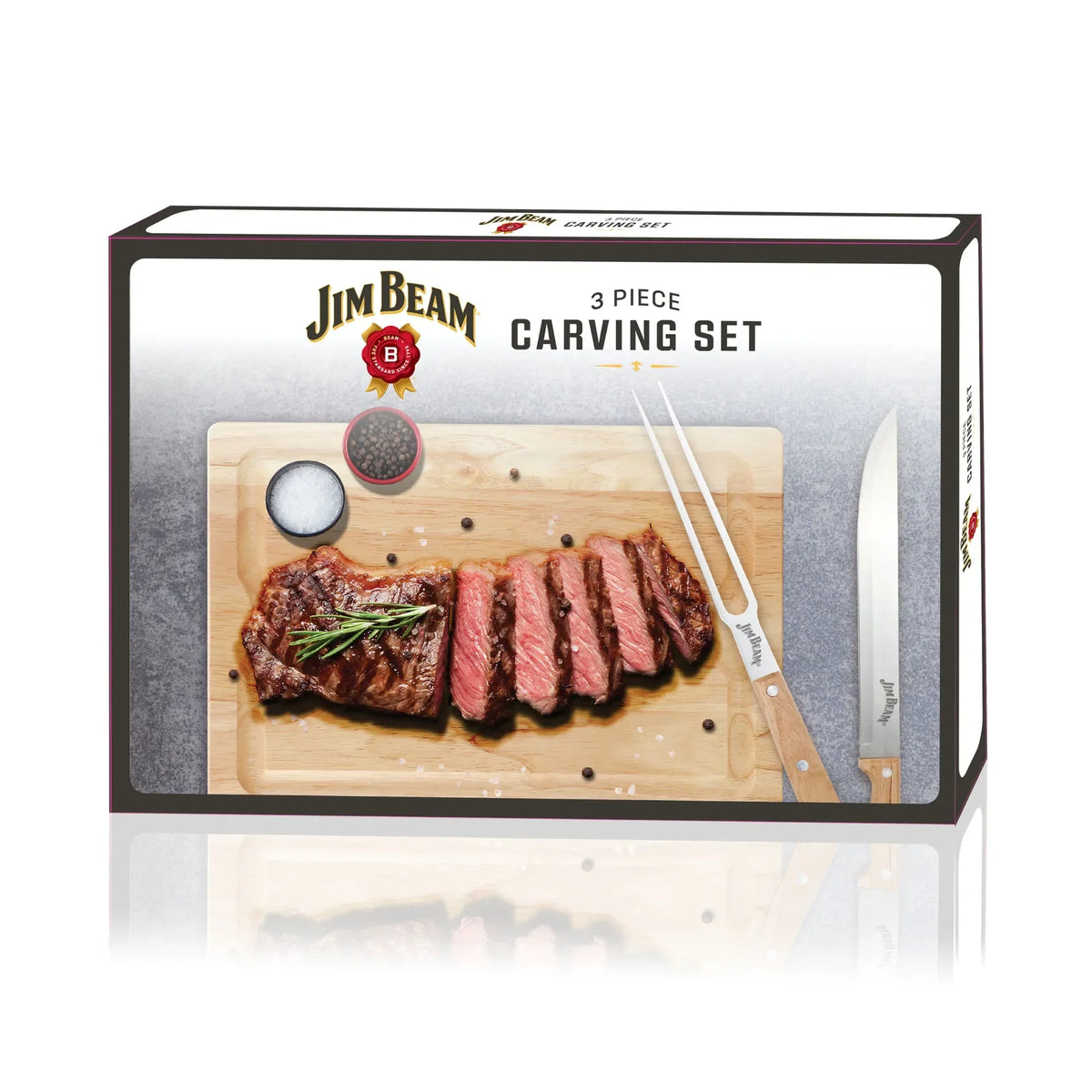 Jim Beam 3 Piece Carving Set – Knife, Fork & Wooden Drip-Groove Board
