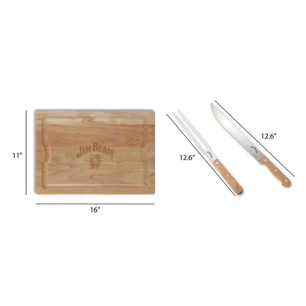 Jim Beam 3 Piece Carving Set – Knife, Fork & Wooden Drip-Groove Board