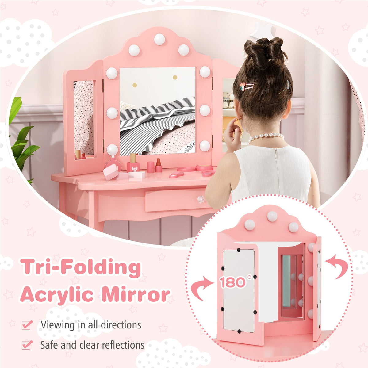 Kid Vanity Table Stool Set with Tri-Folding Mirror and 3-Color LED Lights